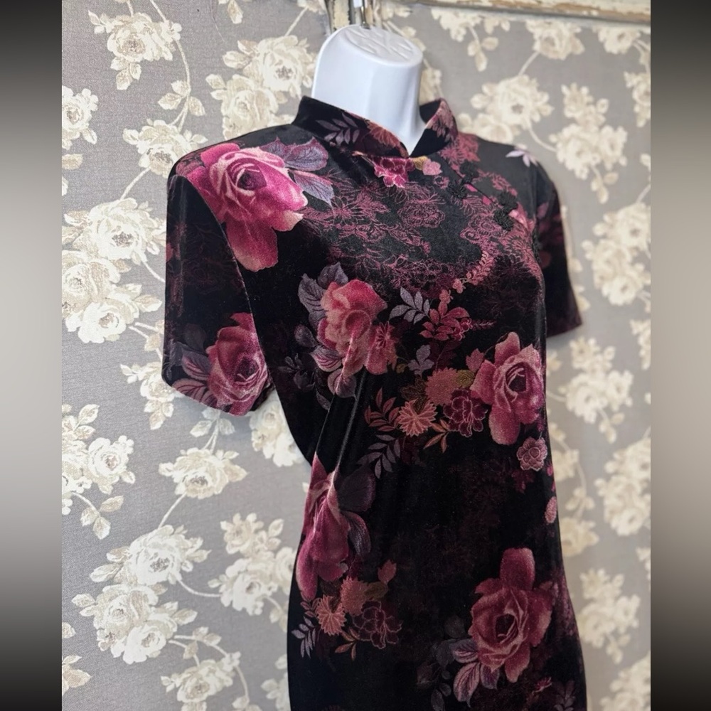 Vintage Rose Print Velvet Dress Social Circles Sz 14 90’s Gothic Glam Date Maxi